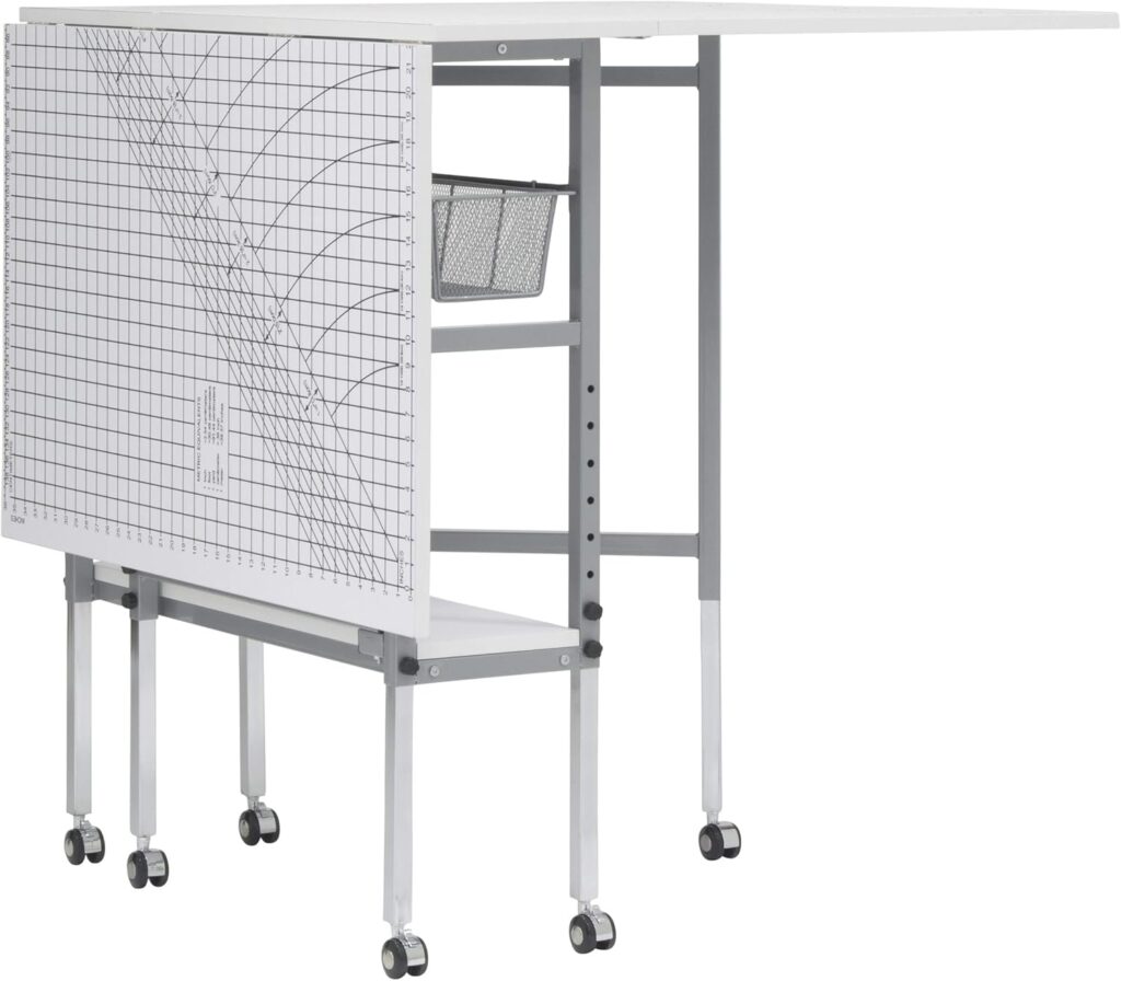 Sew Ready Foldable Hobby and Cutting Grid Table - 58.75 W x 36.5 D White Arts and Crafts Table with Grid Top and Silver Storage Drawers