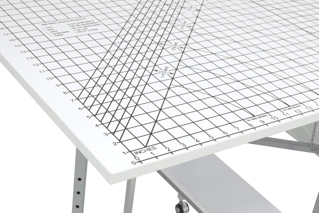 Sew Ready Foldable Hobby and Cutting Grid Table - 58.75 W x 36.5 D White Arts and Crafts Table with Grid Top and Silver Storage Drawers