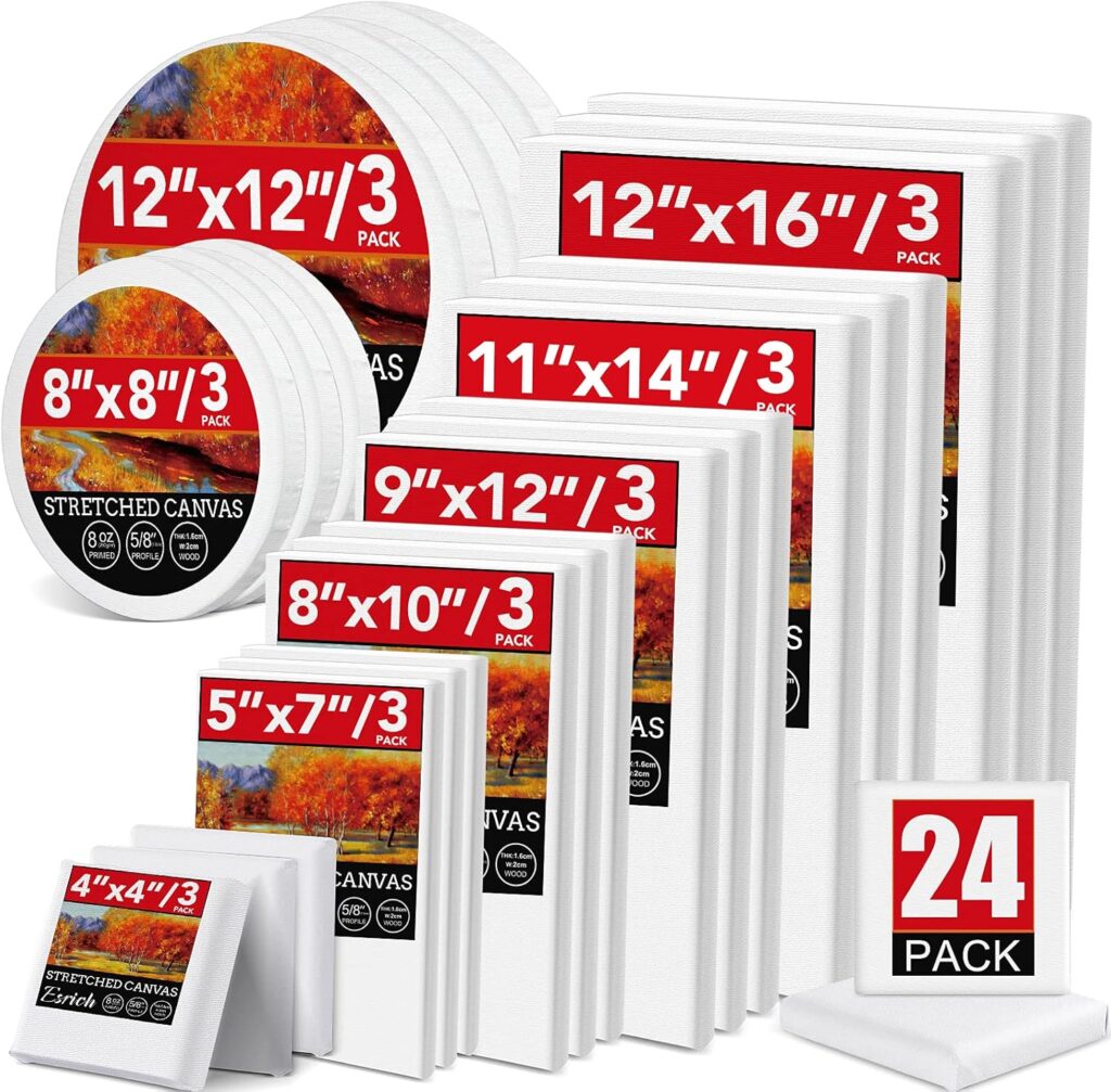 24 Pack Canvases for Painting with 4x4, 5x7, 8x10, 9x12, 11x14, 12x16, Round Canvas with 12x12, 8x8, 3 of Each, Painting Canvas for Oil  Acrylic Paint.