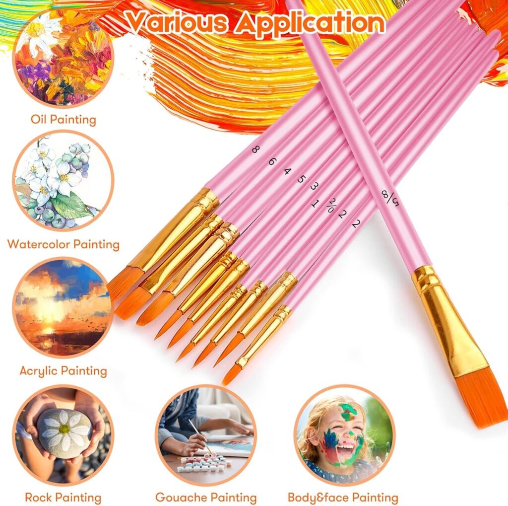 Soucolor Acrylic Paint Brushes Set, 20Pcs Round Pointed Tip Artist Paintbrushes for Acrylic Painting Oil Watercolor Canvas Boards Rock Body Face Nail Art, Halloween Pumpkin Ceramic Crafts Supplies