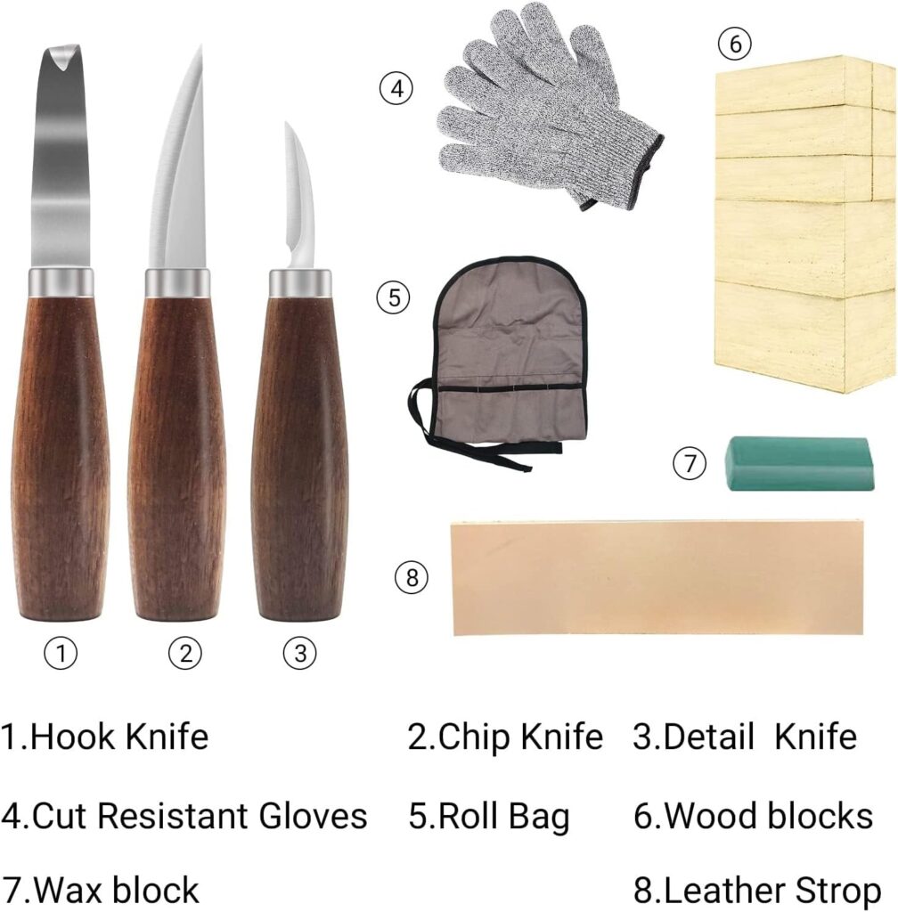 Wood Whittling Kit with Basswood Wood Blocks Gifts Set for Adults and Kids Beginners, Wood Carving Kit Set Includes 3pcs Wood Carving Knife 8pcs Blocks Gloves for Widdling Kit